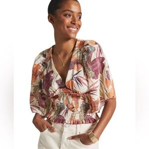 Anthropologie V Neck Tropical Smocked Kimono Top